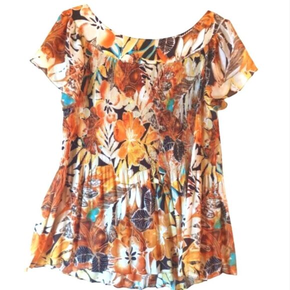 Women's Colorful Floral Print Accordion Pleated Button Closure Smocked Top 18/20 - Picture 1 of 7